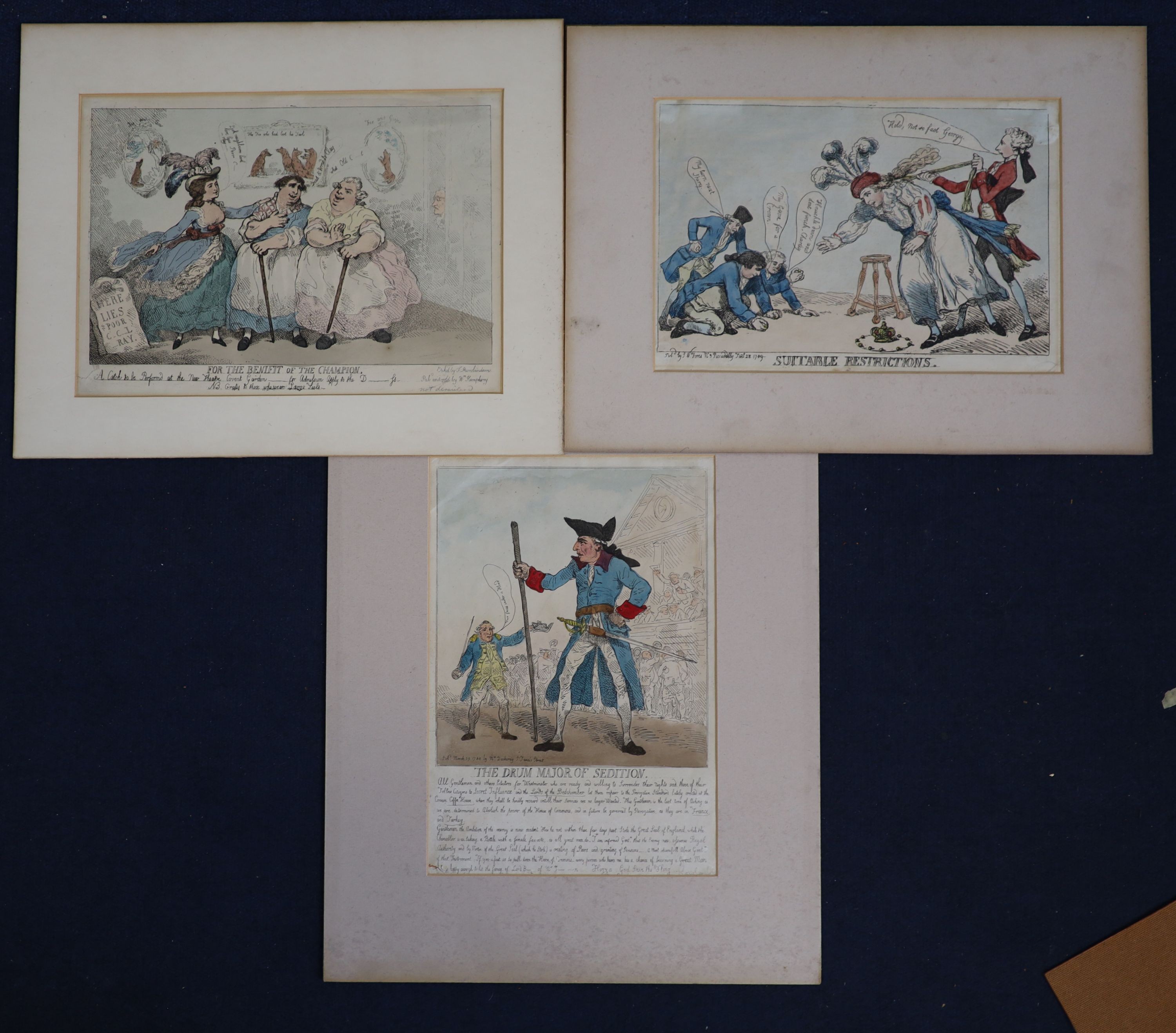 Thomas Rowlandson (1757-1827), For the Benefit of the Champion, Suitable Restrictions & The Drum Major of Sedition, Three Hand coloureds etchings, Largest 26 x 34cm.